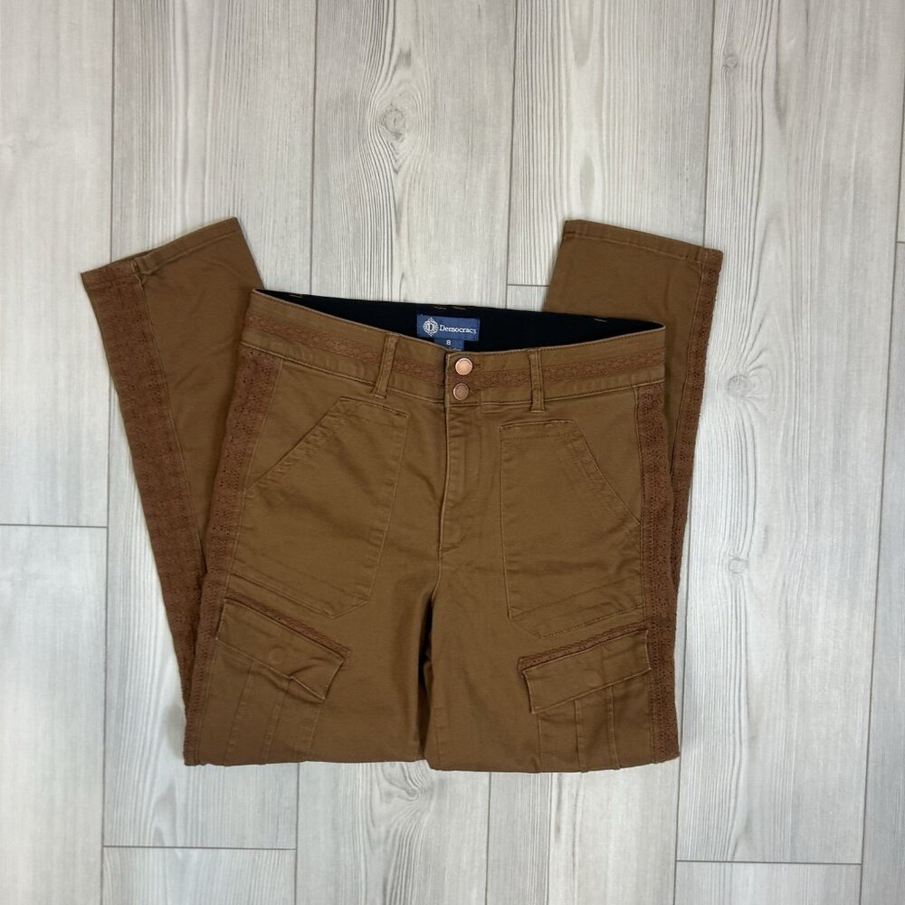 Democracy Womens‎ Crochet Trim High Rise Utility Pant Cargo Stretch Brown Size 8